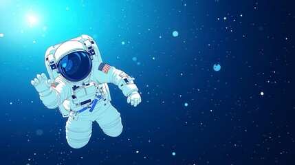 Pixel Art Astronaut in Dark Blue Space with Bright Light and Stars