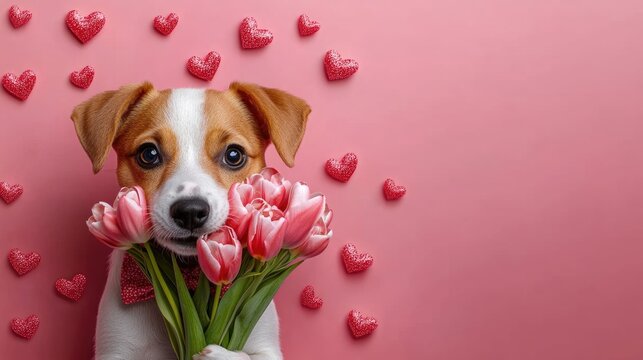 Cute puppy with pink tulips and heart decor on pink background. Mother's Day, Mothering Sunday, Dia de la Madre. The 14th of February. Happy Valentine's Day. International Women's Day, March 8th, IWD