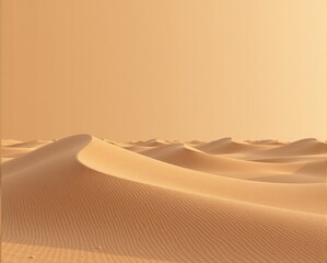 A vast desert landscape with gentle sand dunes illuminated by soft sunlight, creating a serene and tranquil atmosphere.