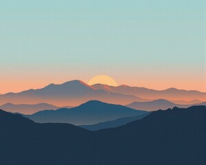 A serene mountain landscape at sunrise, showcasing layered peaks and a soft gradient sky transitioning from blue to warm hues.