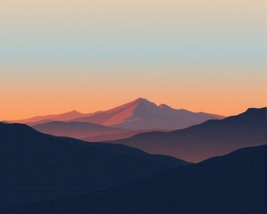 A serene mountain landscape at sunset, featuring layered hills and a distant peak bathed in warm colors against a soft sky.