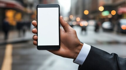 Person holding blank smartphone screen in city street