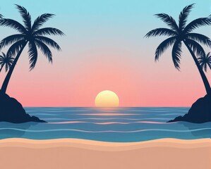 A tranquil beach scene at sunset with palm trees framing a colorful sky and gentle waves lapping at the shore.