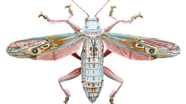Colorful grasshopper insect spreading wings on transparent background