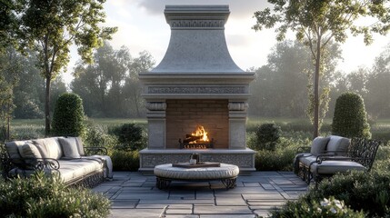 Ornate outdoor fireplace patio, morning sun