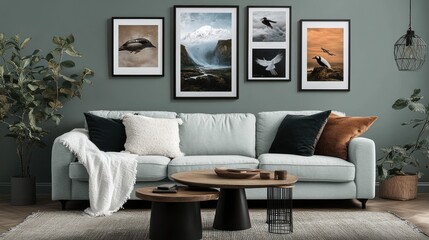 Cozy living room showcasing bird and landscape themed artwork