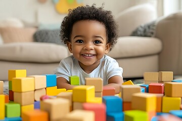 Fototapeta premium Smiling Young Child Playing With Blocks On The Floor