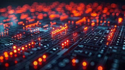 Abstract circuit board with glowing red lights, intricate network of pathways and data points.