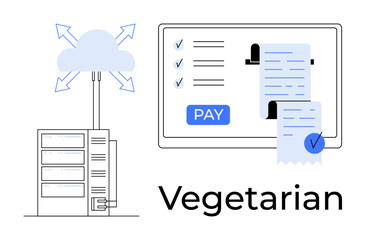 Cloud server interconnected with data arrows, digital screen displaying payment options, and receipts with check marks. Ideal for technology, data storage, online payments, digital transactions