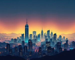 Fototapeta premium A vibrant city skyline at dusk, showcasing towering skyscrapers illuminated by colorful lights against a gradient sky.