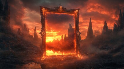 A magical mirror, encased in a frame adorned with radiant symbols, set against the backdrop of a desolate terrain of contorted, unnatural rock formations, reflecting an otherworldly sunset.