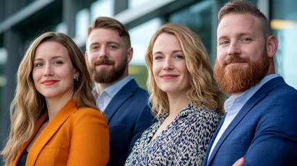 Fototapeta premium Confident Young Professionals Team Portrait Outdoor Setting, Modern Building Background
