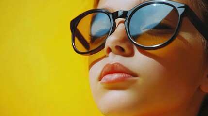Girl in sunglasses, yellow background, portrait