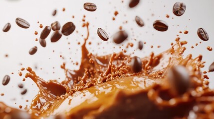 Coffee beans splashing in brown liquid against white