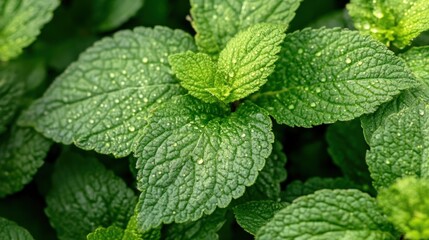 Lush green mint leaves adorn dew drops in close proximity