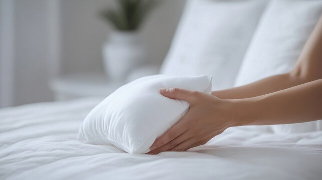 A person applying a heat pad to their elbow in a minimalist bedroom. Featuring pain relief and relaxation