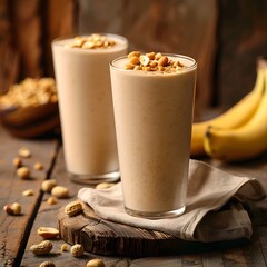 Banana Peanut Butter Protein Smoothie with Crushed Peanuts in Rustic Setting