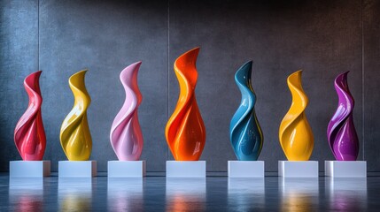 The gallery is a minimalist space where smooth white pedestals serve as a backdrop for bold, vibrant sculptures in organic forms.