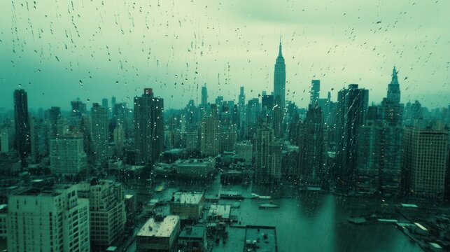 Fototapeta The new york city skyline is seen through a rainy window