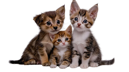 Trio of Adorable Kittens Sitting Together Curiously with Playful Expressions and Soft Fluffy Fur in a Peaceful Calm Setting