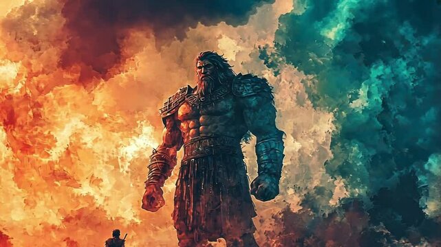David and Goliath. Ancient Warrior Faces a Towering Giant &ndash; Dramatic Digital Painting
