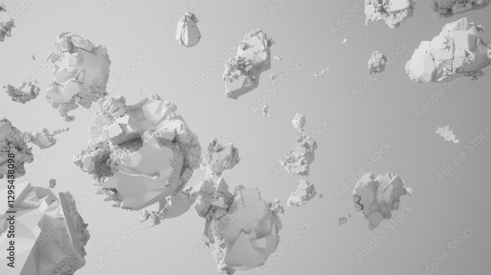 Poster a mesmerizing display of dusty white piles floating in the air, creating an abstract and serene atmo