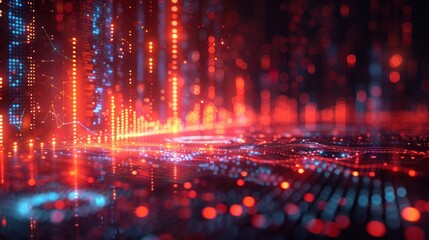 Abstract city lights with data visualizations. Blurry cityscape with glowing red and blue lines, charts, and digital information.