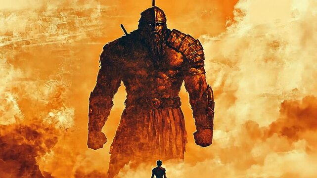 David and Goliath. Digital Artwork of a Warrior Confronting a Giant
