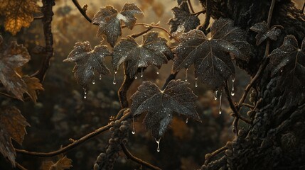 Obraz premium Vine leaves with water droplets reflecting light in nature