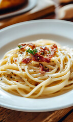 Authentic spaghetti carbonara featuring crispy pancetta, creamy sauce and fresh parsley