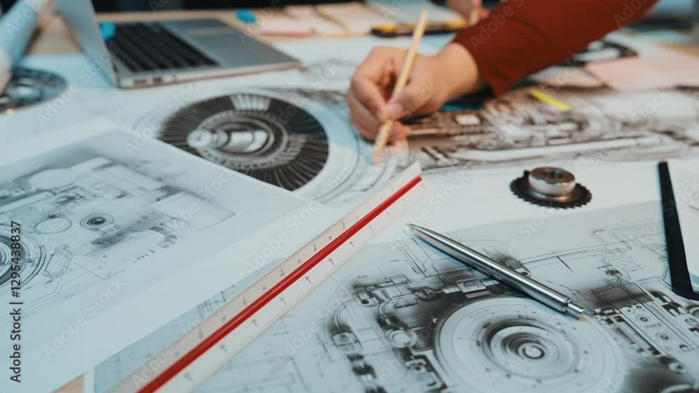 Aufkleber a focused individual examines intricate technical drawings in a modern workspace, surrounded by tool