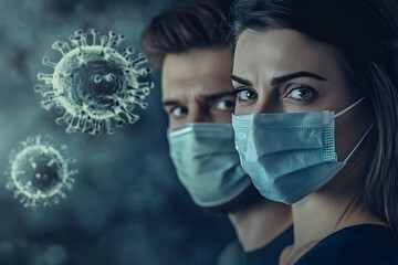 A man and a woman wearing medical face masks with a background of magnified virus particles, symbolizing airborne diseases and the unseen threats