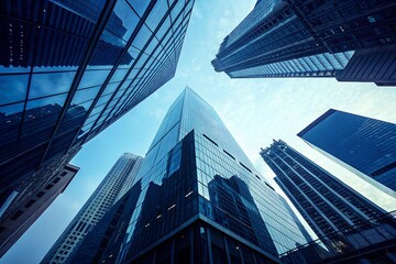 Low angle view of modern skyscrapers reaching for the sky.