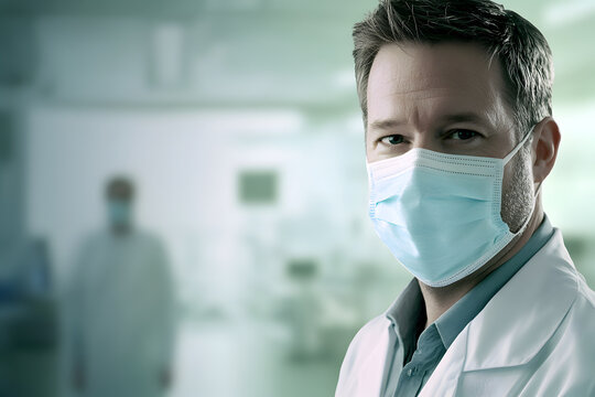 A medical doctor wearing a medical face mask, standing confidently with focused eyes that convey expertise and dedication