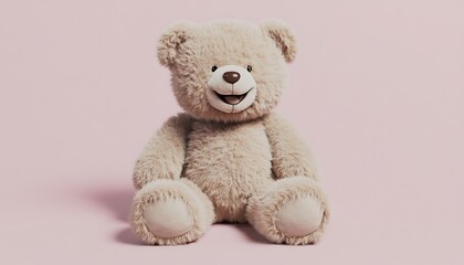 Obraz premium A soft teddy bear with a smile isolated on a pale pink background perfect
