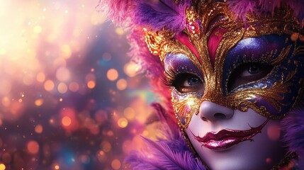 Colorful venetian carnival mask on caucasian woman with feather decorations and glittering lights. Mardi Gras, Fat Tuesday, Carnival Season. Bright Parades, Masks, Festive Costumes, Vibrant Atmosphere