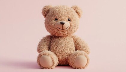 Obraz premium A soft teddy bear with a smile isolated on a pale pink background perfect