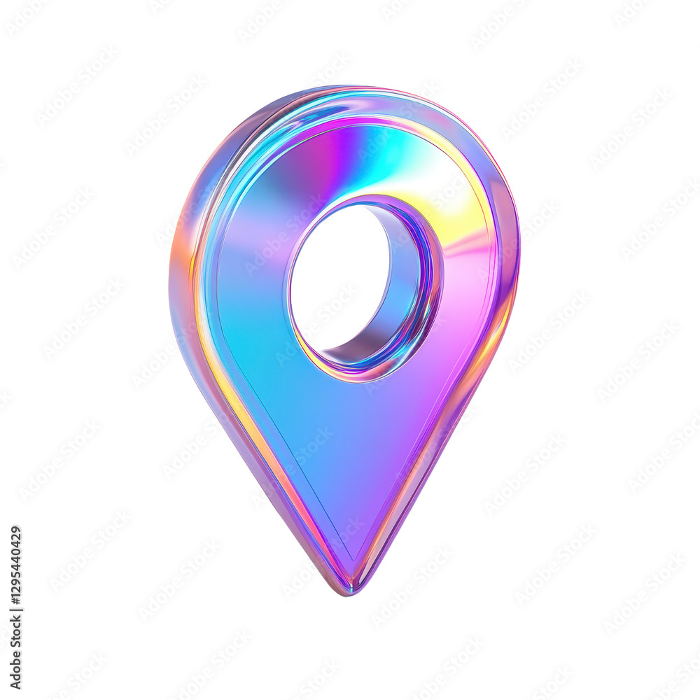 Poster iridescent navigation pin on a shiny colorful location marker with a hole isolated against a stark