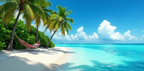 Naklejka premium Tropical island with palm trees, hammocks, and crystal clear water, paradise, travel