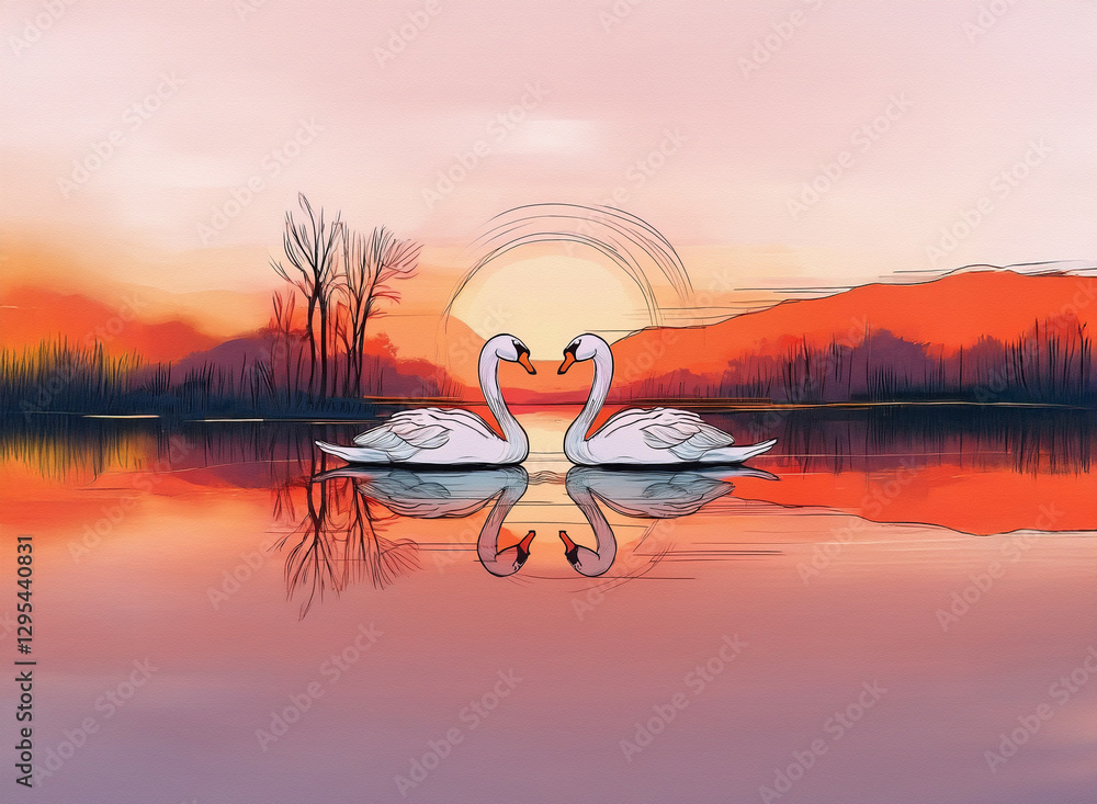 Poster two swans forming a heart shape with their necks in a serene lake at sunset. mountains and trees cre