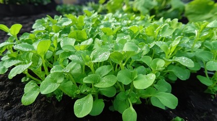Fototapeta premium Lush green seedlings sprout in dark soil after rain
