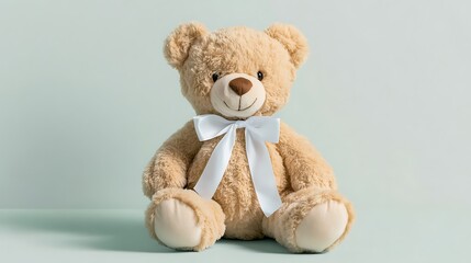 Obraz premium A teddy bear with a white ribbon isolated on a pale green background ultra-realistic