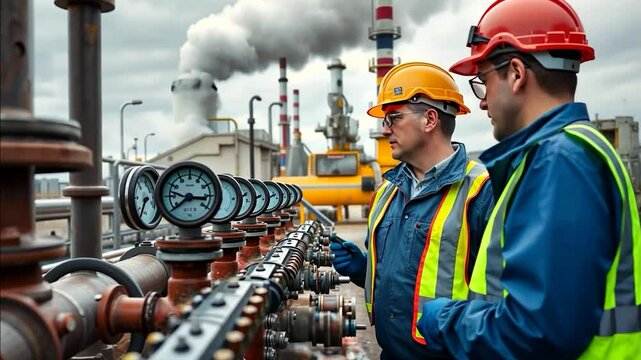 Industrial Teamwork: Two Engineers Inspecting Gauges at a Power Plant