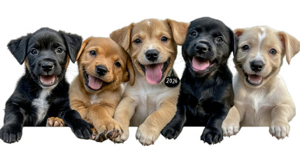 Fototapeta premium Charming group portrait of a happy pack of different breed puppies sitting together on a studio backdrop showcasing their energetic playful and affectionate personalities