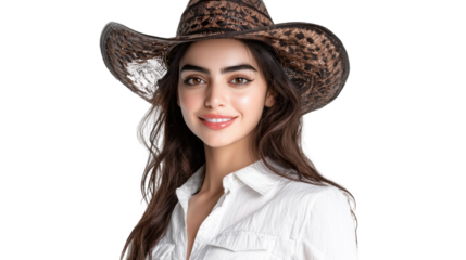 Joyful young adult female with long dark hair wearing wide brimmed straw hat and casual white shirt smiling happily while standing outdoors in a natural rural setting