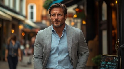 Fototapeta premium Confident Man in Stylish Suit Walking Through City Street