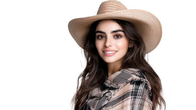 Cheerful young woman wearing stylish sun hat smiling and looking away while standing in a beautiful natural outdoor landscape with green meadow blue sky and fluffy white clouds  Relaxed carefree