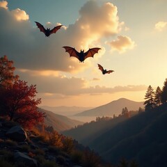 Fototapeta premium Bats flying in formation through misty autumn evening, foggy, nature, autumnal