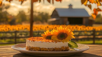 A vibrant sunflower field under a dramatic orange sunset with a rustic barn in the background