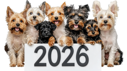 A group of cute and fluffy dogs of various breeds including Yorkshire Terriers Poodles Dachshunds and Chihuahuas posing together for a 2026 New Year on a clean white background  The dogs have happy